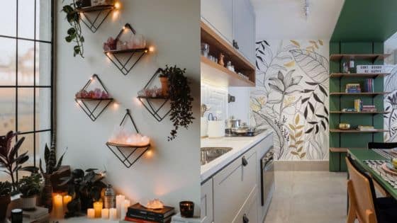 Viewing Deck Blog 88 Stylish home interior: wall-mounted crystal shelves and modern kitchen with leafy mural. Cozy and contemporary decor. | Sky Rye Design Stylish home interior: wall-mounted crystal shelves and modern kitchen with leafy mural. Cozy and contemporary decor.