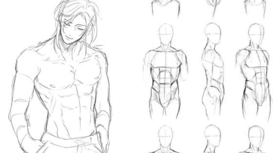 Viewing Deck Blog 89 Anime character sketch with muscular anatomy studies in various poses and angles on the right side. | Sky Rye Design Anime character sketch with muscular anatomy studies in various poses and angles on the right side.