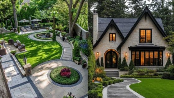 Viewing Deck Blog-9 Luxurious landscaped backyard and elegant home exterior with lush greenery and stone pathways. | Sky Rye Design Luxurious landscaped backyard and elegant home exterior with lush greenery and stone pathways.