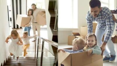 Family moving into new home, carrying boxes and playing with kids.