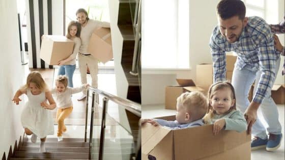 Viewing Deck Blog 9 Family moving into new home, carrying boxes and playing with kids. | Sky Rye Design Family moving into new home, carrying boxes and playing with kids.
