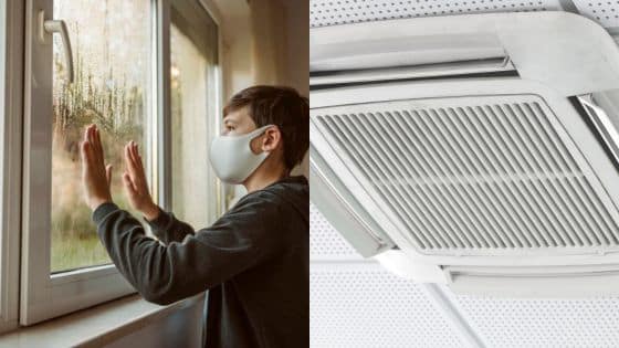 Viewing Deck Blog Person wearing mask at foggy window, air conditioning vent. Indoor air quality and ventilation concept. | Sky Rye Design Person wearing mask at foggy window, air conditioning vent. Indoor air quality and ventilation concept.