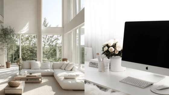 Bright minimalist living room with white sofa and large windows; modern workspace with computer and flowers.