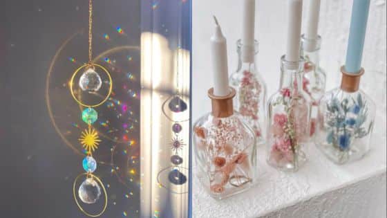 Viewing Deck Blog 94 Hanging crystal suncatcher and decorative candle holder bottles on a windowsill create a whimsical, bohemian decor vibe. | Sky Rye Design Hanging crystal suncatcher and decorative candle holder bottles on a windowsill create a whimsical, bohemian decor vibe.