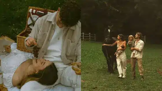 Viewing Deck Blog Couple enjoying a picnic and walking with a horse and child in a serene meadow setting. | Sky Rye Design Couple enjoying a picnic and walking with a horse and child in a serene meadow setting.