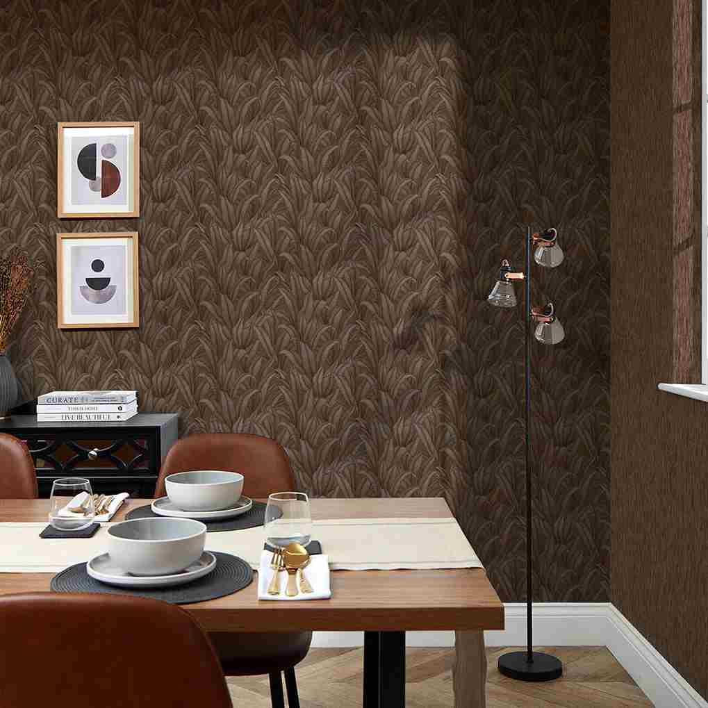 Modern dining area with elegant brown wallpaper, art on walls, stylish table setup, and floor lamp. Cozy and sophisticated interior.