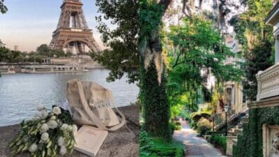 Eiffel Tower by the Seine with flowers and a book; lush green street with historical buildings.