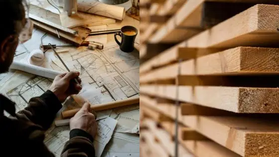 Why Accurate Cutting is Essential for Smooth Assembly Architect planning designs with tools; wooden planks stacked neatly, showcasing construction materials. | Sky Rye Design Architect planning designs with tools; wooden planks stacked neatly, showcasing construction materials.