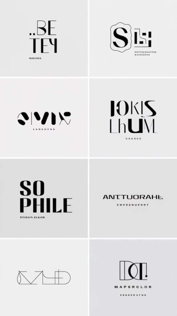 Collection of abstract logo designs featuring modern, artistic typography on a light background.