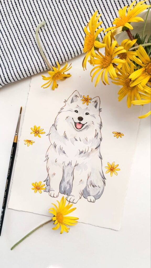 Cute fluffy dog illustration with yellow flowers, paintbrush, and striped cloth backdrop. Whimsical art scene.