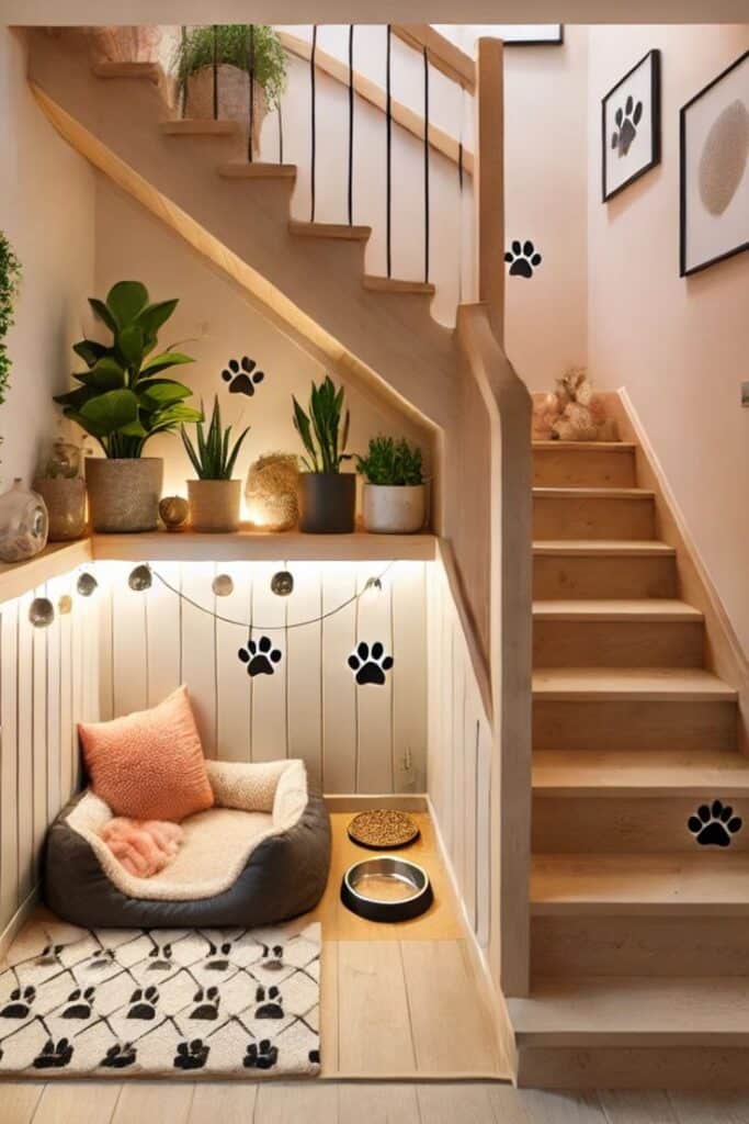Your furry friend deserves a comfortable stylish Cozy pet nook under stairs with bed, bowls, plants, and paw print decor. Warm and inviting space for pets. | Sky Rye Design Cozy pet nook under stairs with bed, bowls, plants, and paw print decor. Warm and inviting space for pets.