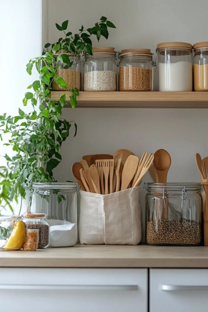 Organized kitchen shelf with glass jars, wooden utensils, and a green plant for a stylish, eco-friendly look.