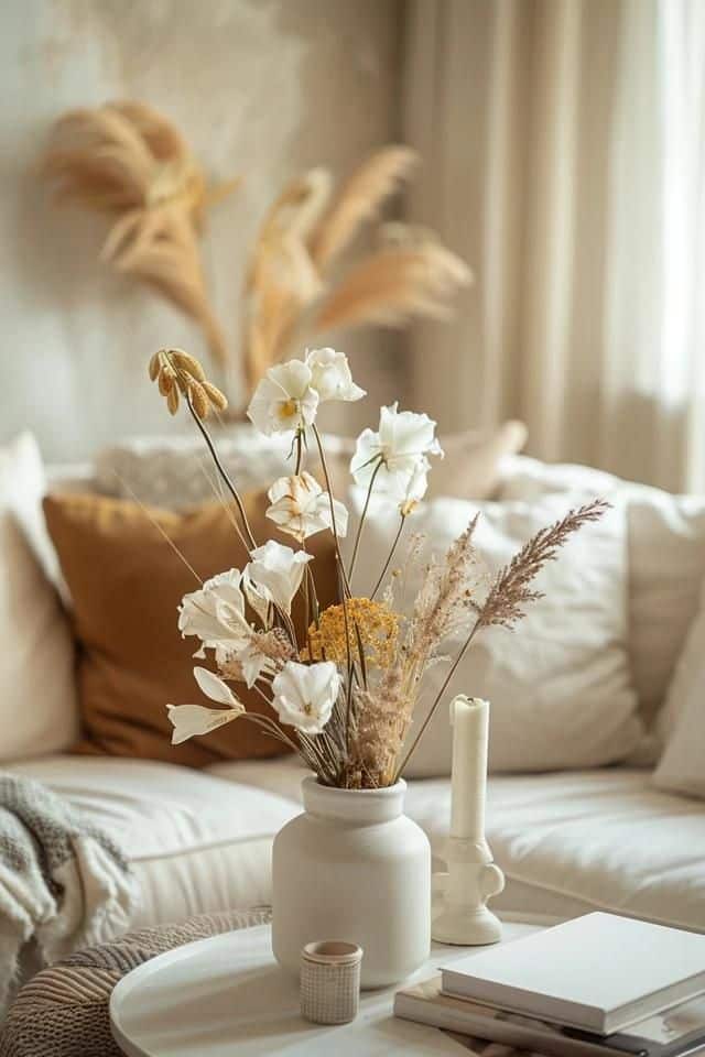 Cozy living room with white vase of dried flowers on coffee table, neutral tones and soft cushions in background.