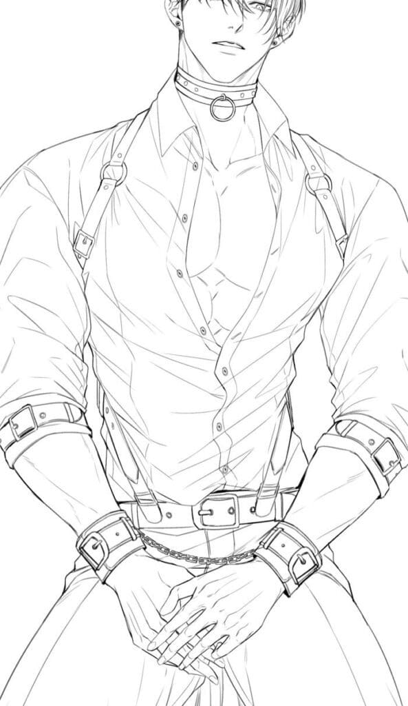 Illustration of a muscular man in a partly unbuttoned shirt and harness, with a chain belt and wrist straps.