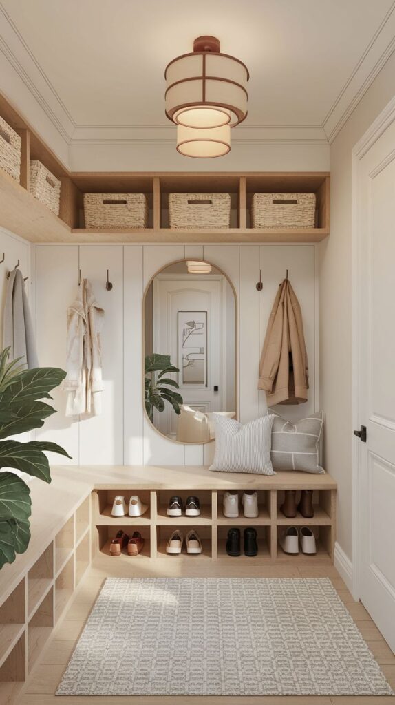 Modern mudroom with shoe storage, bench seating, decorative baskets, and a round mirror. Cozy and organized entryway.