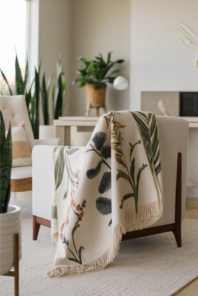 Cozy armchair with a botanical print throw blanket in a stylish living room with houseplants and neutral decor.