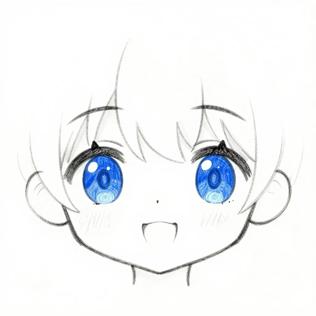 Cute chibi anime-style pencil sketch of a smiling child with large vivid blue eyes on a white background
