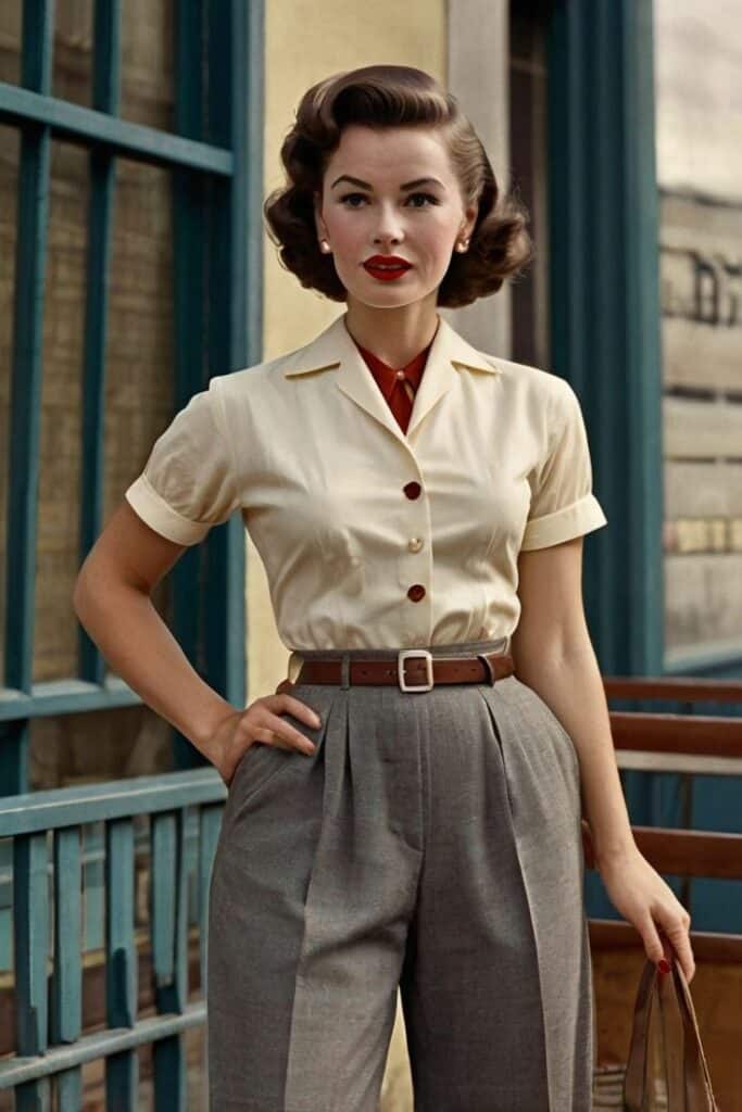 Woman in vintage 1950s attire, wearing a beige blouse and high-waisted pants, standing confidently outdoors.