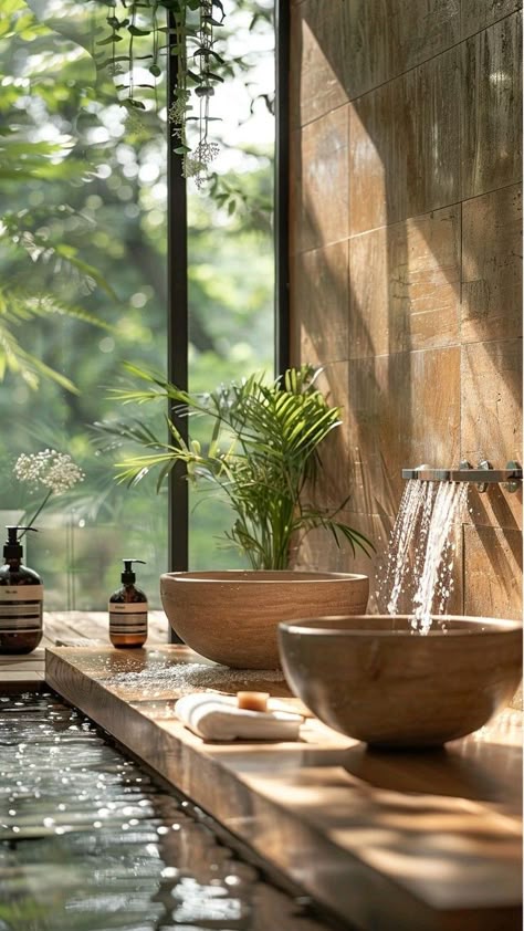 a5f68c114818aef29c1edc4623820b89 Modern bathroom with stone sinks, indoor plants, and sunlight through large windows. Spa-like tranquility and natural design. | Sky Rye Design Modern bathroom with stone sinks, indoor plants, and sunlight through large windows. Spa-like tranquility and natural design.