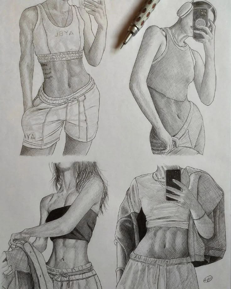Sketch of four athletic figures in different poses, wearing sporty outfits, with a pencil visible beside the drawings.