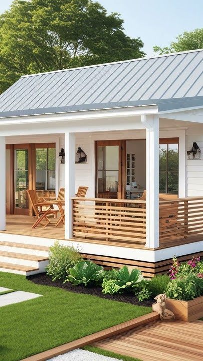 Cozy modern house with wooden deck, outdoor furniture, and lush green garden. Ideal for relaxing and entertaining.
