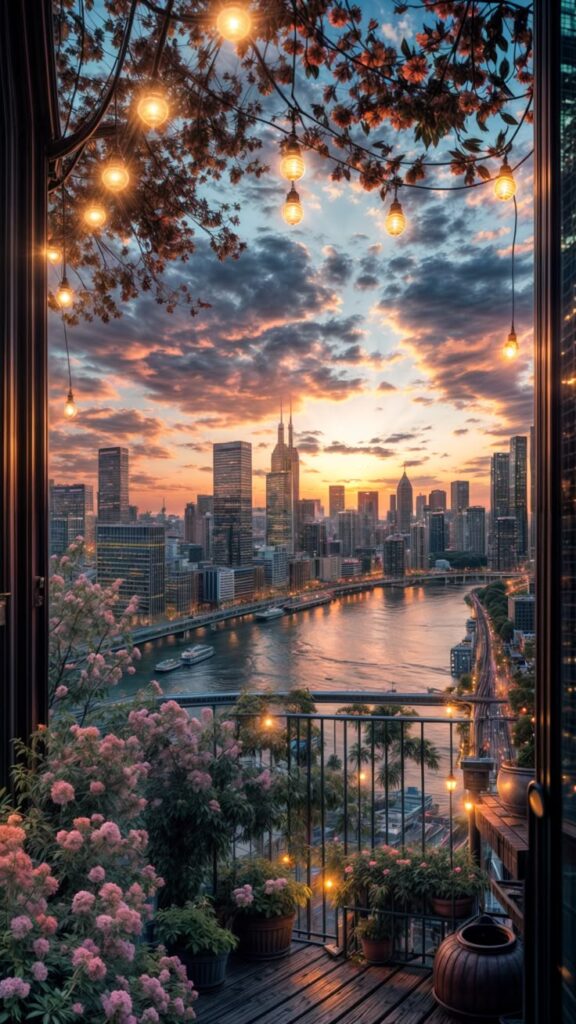 City skyline at sunset viewed from a balcony with flowers and hanging lights, overlooking a river.