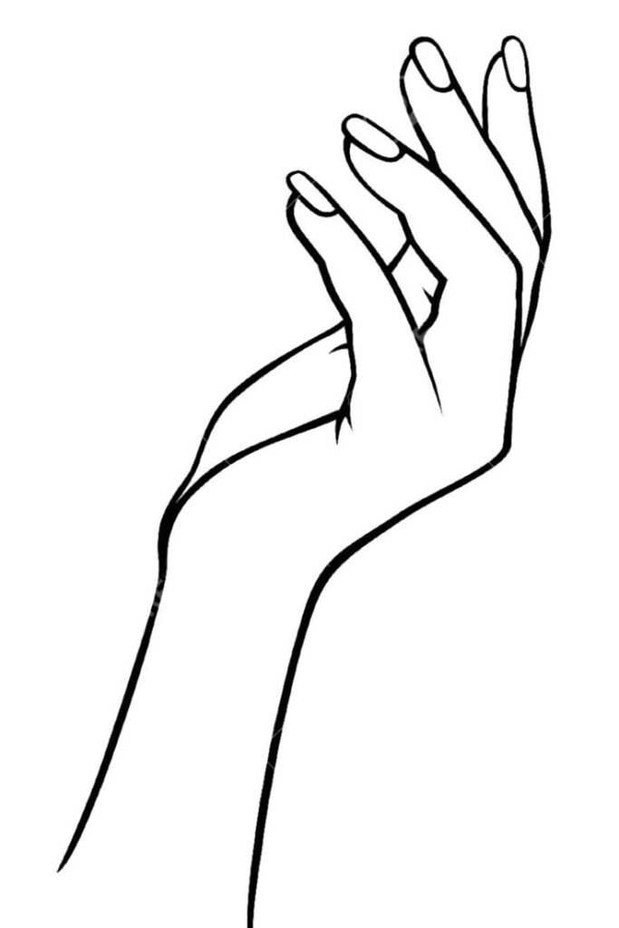 Line drawing of an elegant hand with fingers gracefully curved upward, highlighting simplicity and artistic expression.