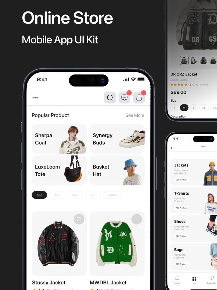 Maniro online store UI kit showcasing fashion products like jackets and accessories on mobile screens.