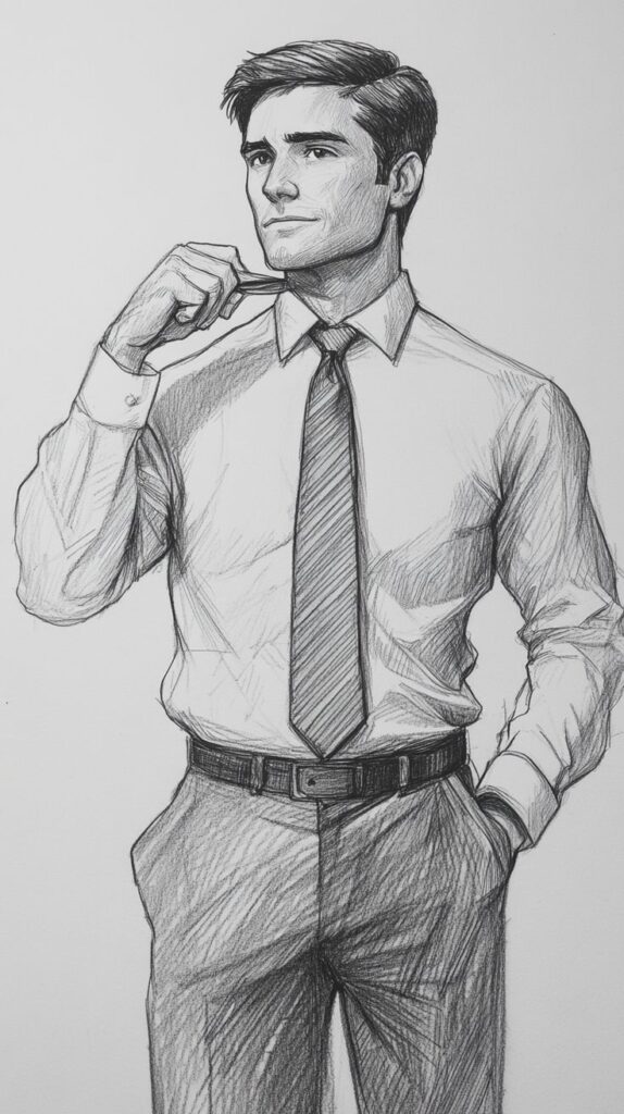 Sketch of a confident man in a shirt and tie, adjusting his collar, exuding professionalism and style.