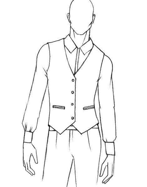 Illustration of a men's formal vest and shirt outfit, featuring buttons and pockets, ideal for fashion design sketches.