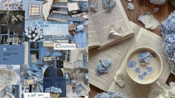 aesthetic lockscreen ideas Collage of blue-themed items, flowers, books, and quotes, evoking a serene, oceanic, summer mood. | Sky Rye Design Collage of blue-themed items, flowers, books, and quotes, evoking a serene, oceanic, summer mood.