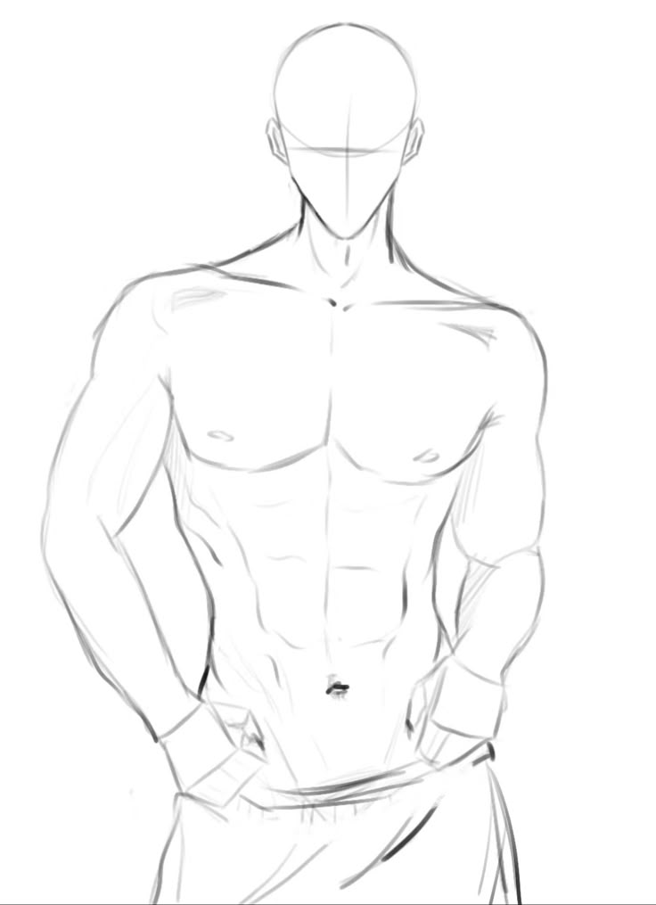 Sketch of a muscular male torso with hands on hips, highlighting defined abs and upper body muscles.