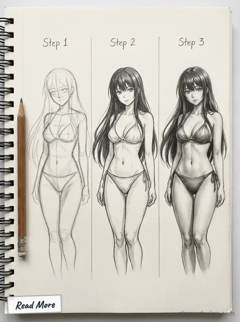 Figure drawing tutorial: step-by-step pencil sketches of a bikini-clad female, from rough sketch to fully shaded detailed illustration.