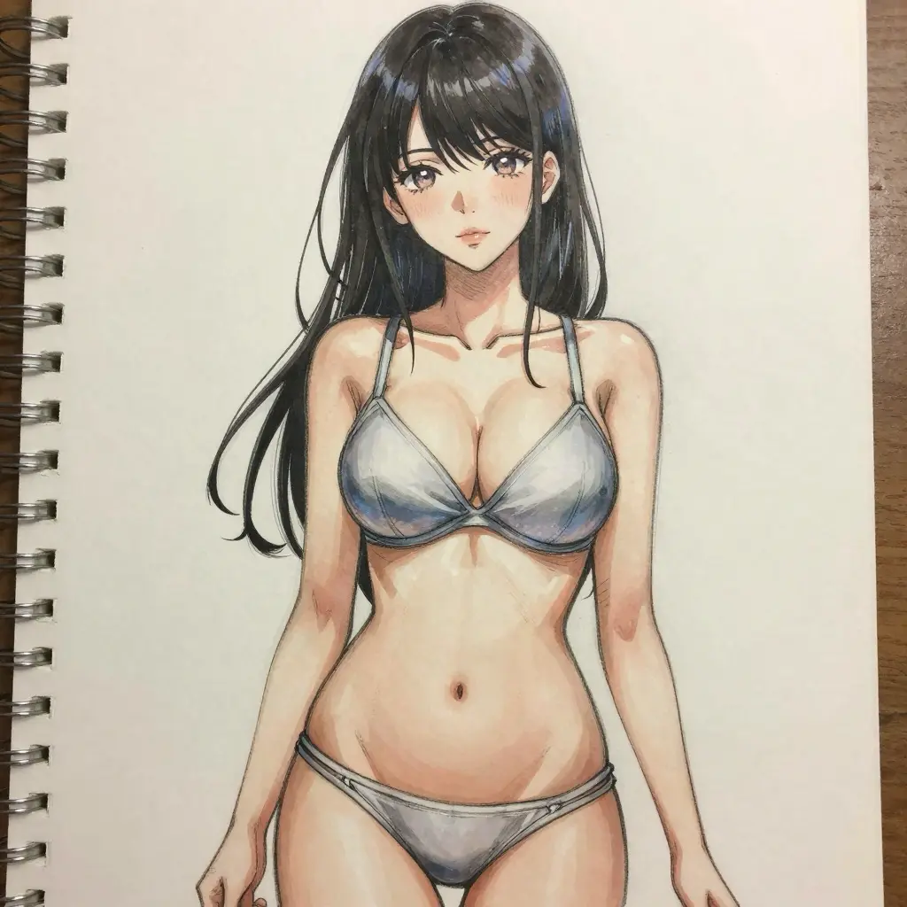Anime bikini illustration, hand-drawn sketch of long black-haired female character on a spiral sketchbook page
