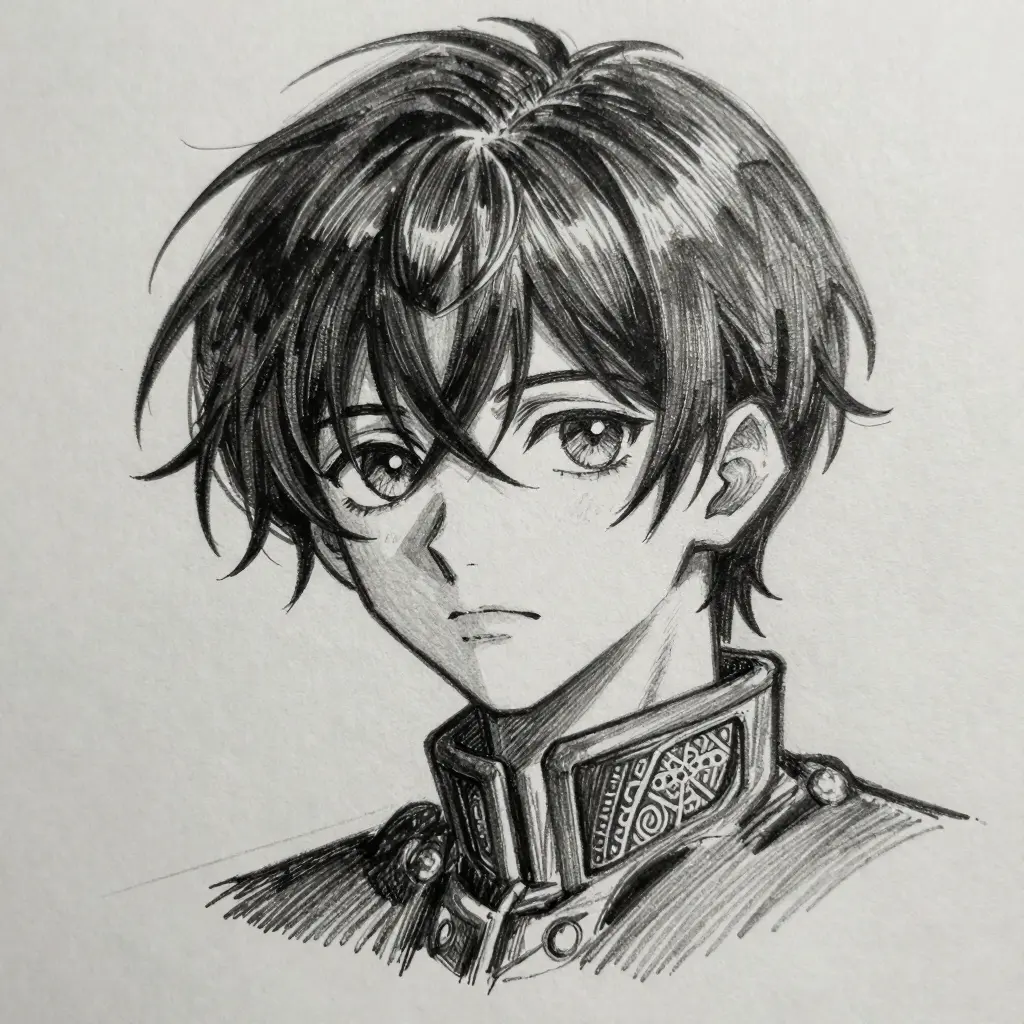 Pencil sketch manga-style portrait of a young man with tousled hair and a detailed embroidered military-style collar, grayscale.