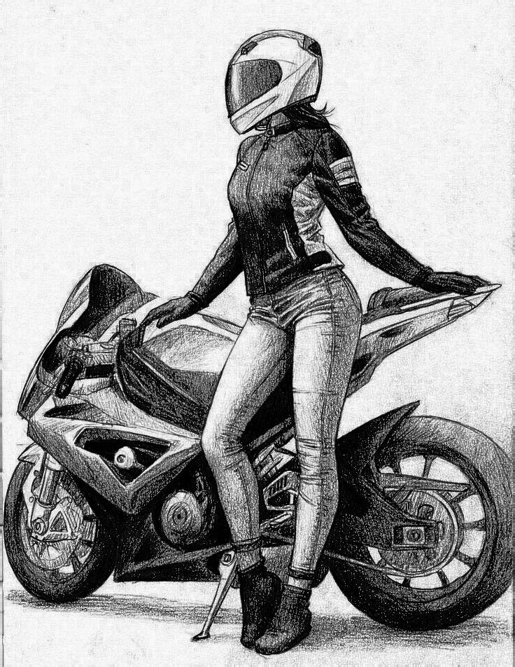 Drawing of a woman in motorcycle gear leaning on a sportbike graphic illustration.