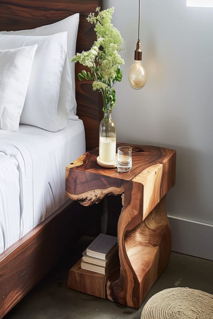 Rustic wooden nightstand with vase, books, and hanging bulb lamp beside a bed. Cozy bedroom decor.