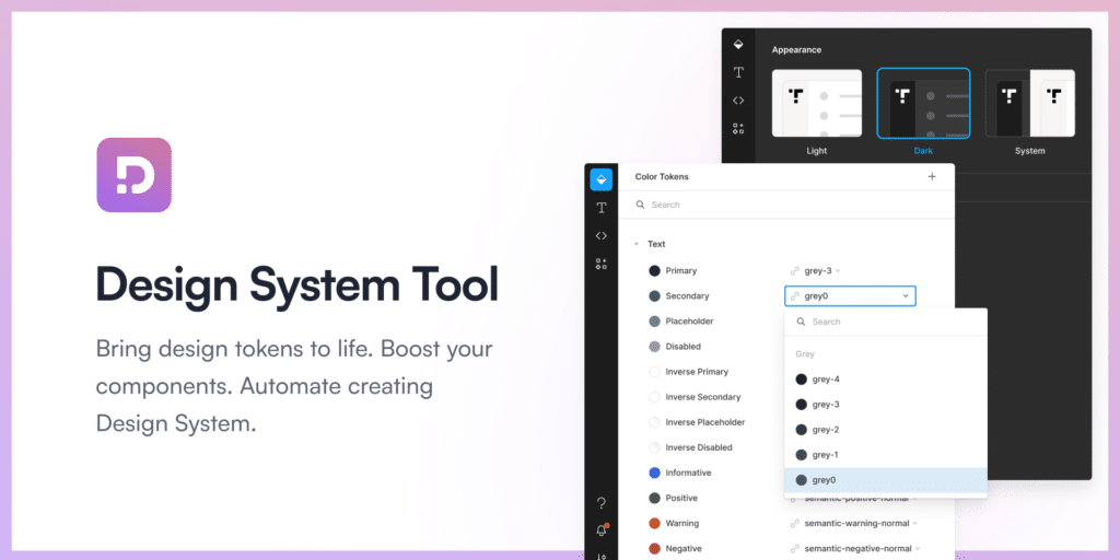 Design System Tool interface, featuring color tokens and theme options to enhance component design and automation.