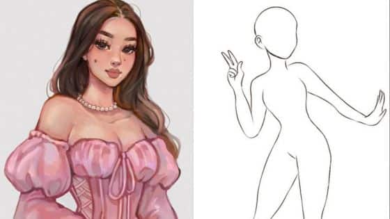 body girl drawing base female Illustrated woman in pink dress next to a blank figure outline striking a pose. | Sky Rye Design Illustrated woman in pink dress next to a blank figure outline striking a pose.