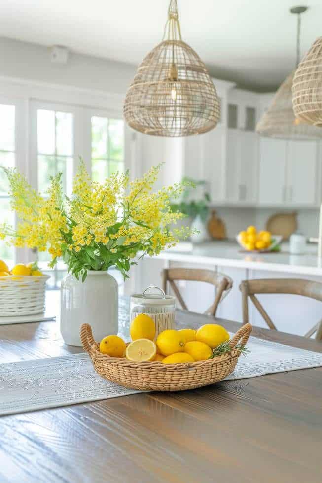 c01927fe797df2d35c69c89638dd578f Bright kitchen with wicker lights, lemons in a basket, and yellow flowers in a vase on a wooden table. | Sky Rye Design Bright kitchen with wicker lights, lemons in a basket, and yellow flowers in a vase on a wooden table.
