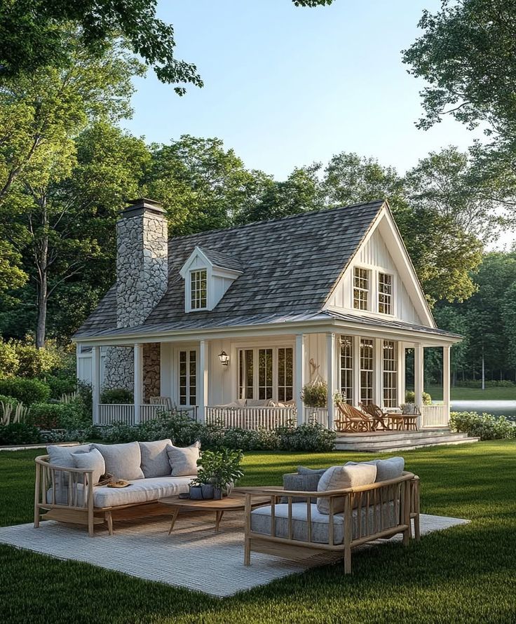 c09a7ca9-088b-4efa-8651-0c8c87d75378 Charming cottage with stone chimney and cozy seating area in lush green garden. Ideal serene retreat. | Sky Rye Design Charming cottage with stone chimney and cozy seating area in lush green garden. Ideal serene retreat.