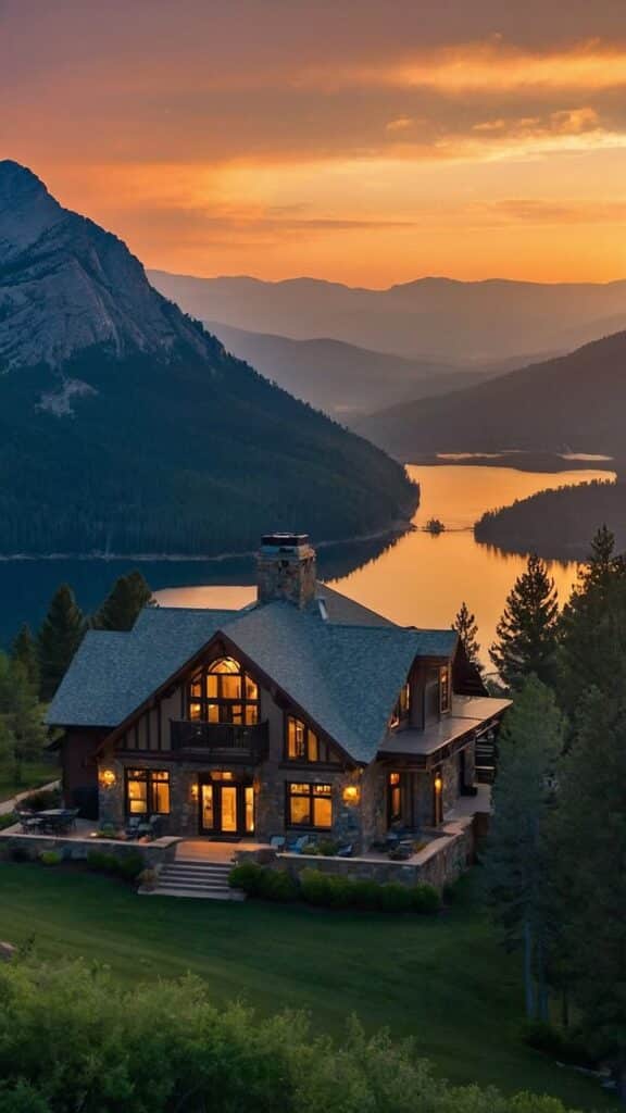 Elegant mountain lodge overlooking serene lake at sunset, surrounded by pine trees and majestic hills.