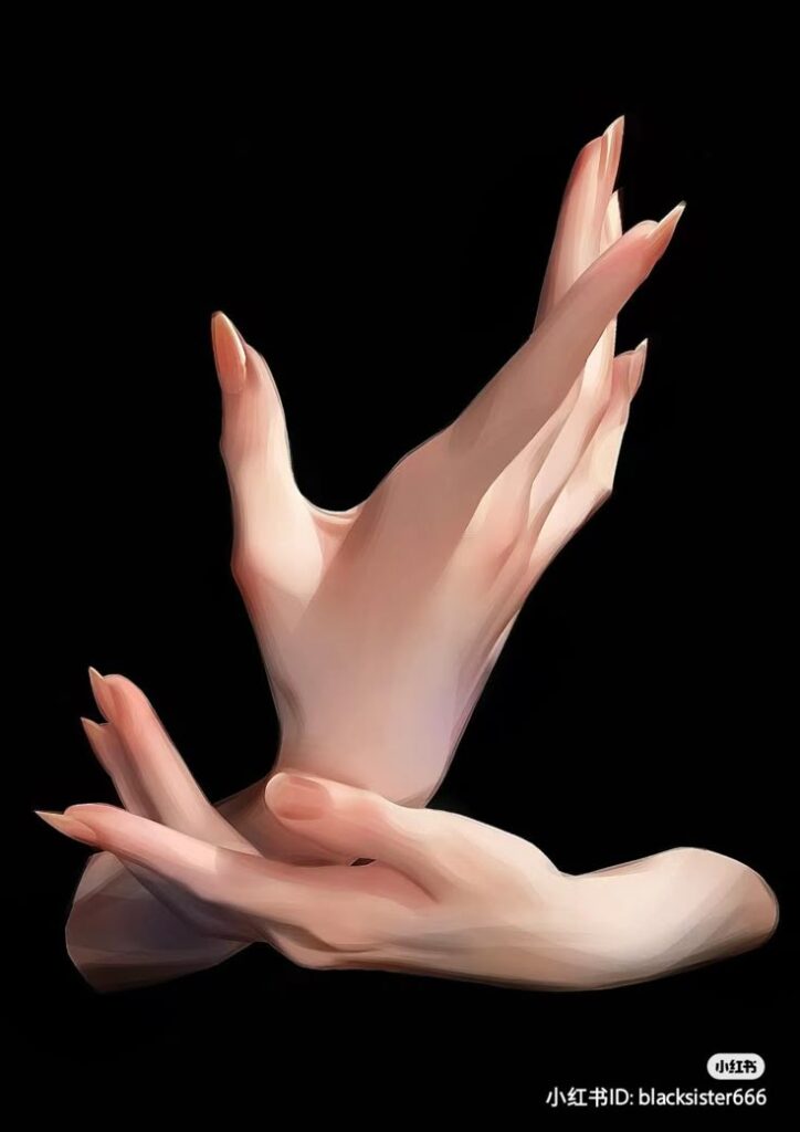 c462da79ad9a2333b8093defbfcda2bd Elegant hands with long nails in graceful pose against a black background, digital art. | Sky Rye Design Elegant hands with long nails in graceful pose against a black background, digital art.
