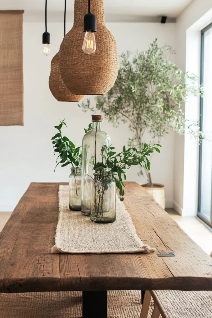 Rustic dining table with glass bottles and greenery, below wicker pendant lights, creating a cozy natural ambiance.