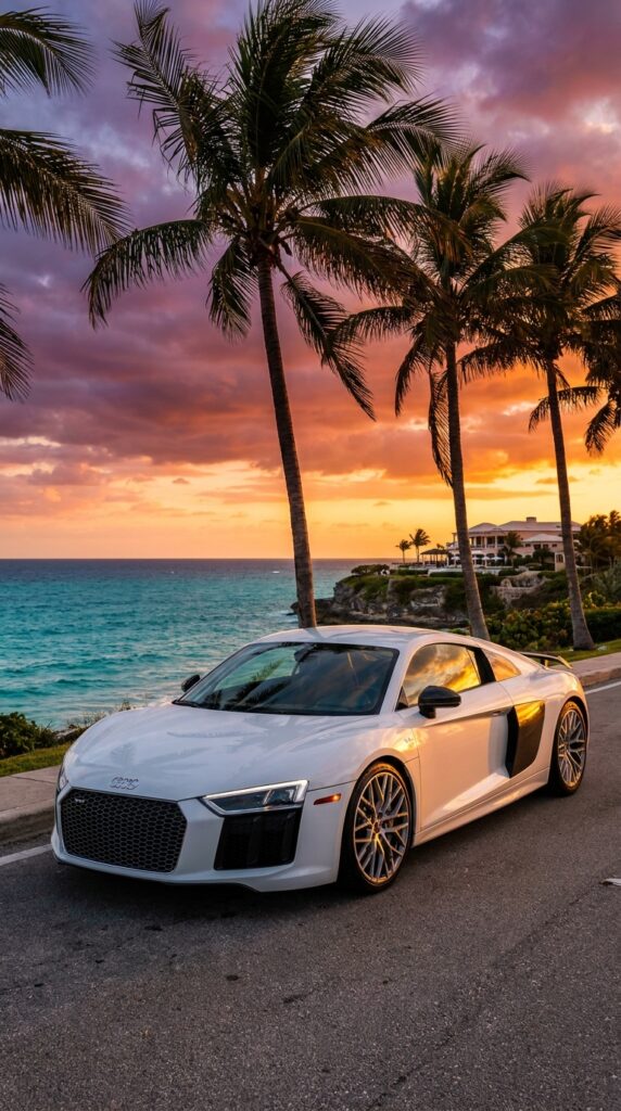 White Audi R8 luxury sports car parked on coastal road with palm trees and vibrant sunset over turquoise ocean