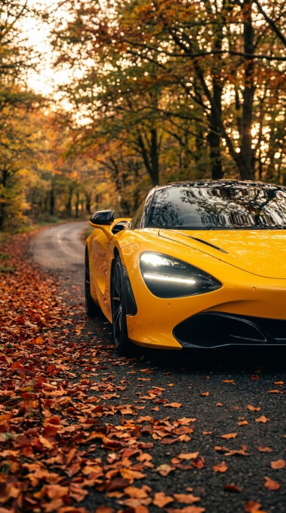 Yellow sports car on winding, leaf-covered country road through autumn trees — scenic luxury fall drive