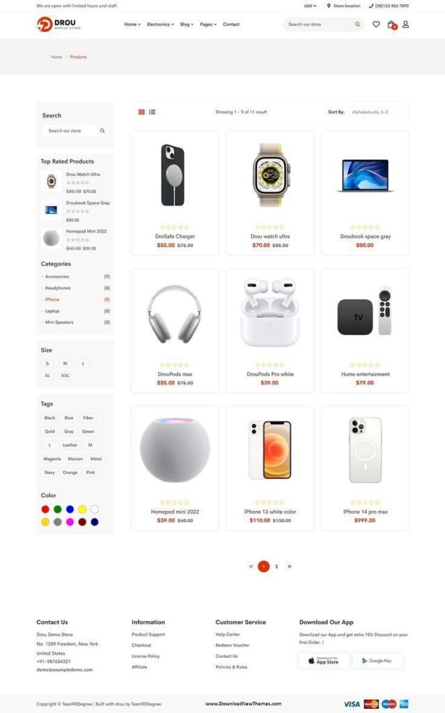 Online store page displaying tech gadgets like phones, watches, and accessories with prices and category filters.