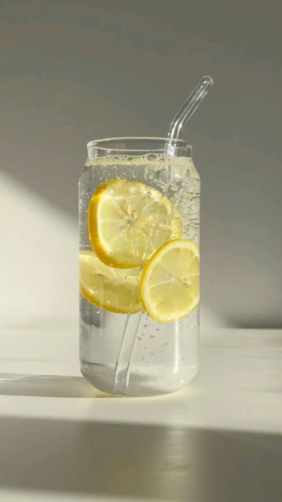 clean girl lifestyle 🍋 Refreshing sparkling water with lemon slices, served in a clear glass jar with a straw. | Sky Rye Design Refreshing sparkling water with lemon slices, served in a clear glass jar with a straw.