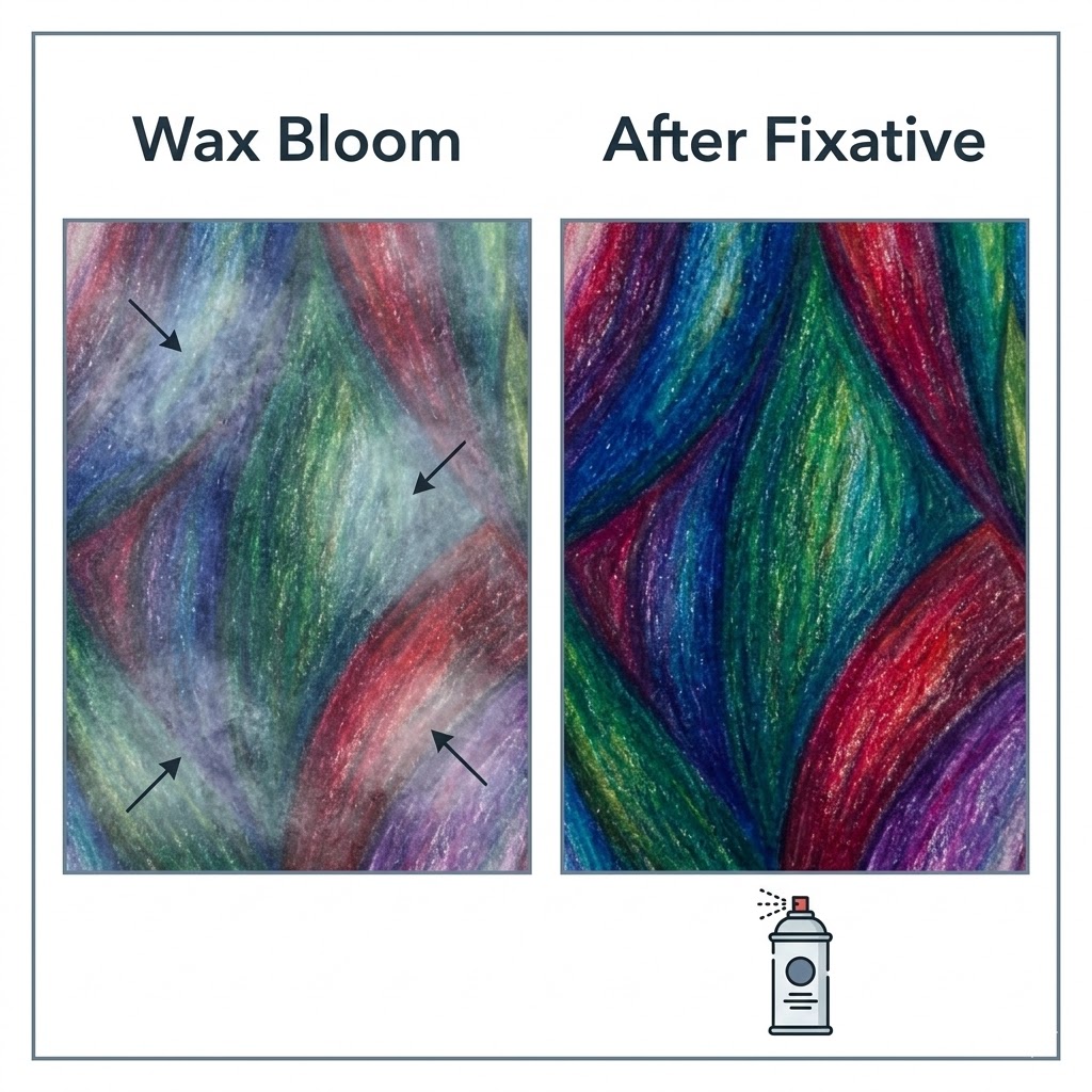 unnamed - 2026-02-26T224920430 Before and after fixative: left shows wax bloom haze on colored pencil, right shows vivid restored colors. | Sky Rye Design Before and after fixative: left shows wax bloom haze on colored pencil, right shows vivid restored colors.