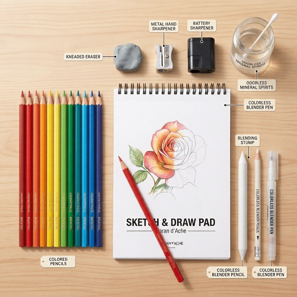 unnamed - 2026-02-26T225200822 Top-down view of colored pencils and spiral sketch pad with rose drawing, blending tools, eraser, sharpeners | Sky Rye Design Top-down view of colored pencils and spiral sketch pad with rose drawing, blending tools, eraser, sharpeners